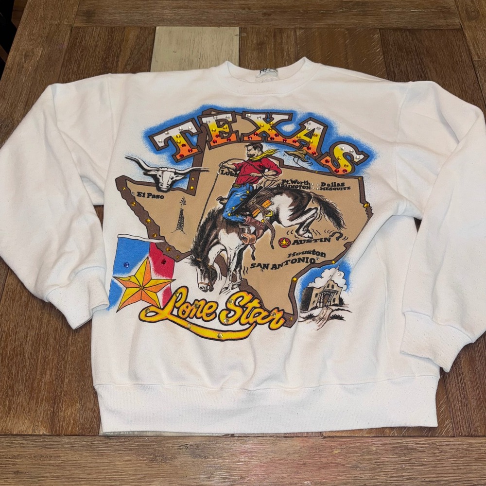 Alamo Texas Lone Star Sweatshirt Women L White Good Rhinestone Graphic Vintage